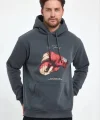 Unisex Kapüşonlu Üç İplik Oversize Baskılı Sweatshirt - Gri
