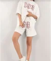 Unisex Nakış İşlemeli Şort Takım  Beyaz