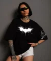Unisex Ön ve Kol Baskılı Oversize T-shirt - Siyah
