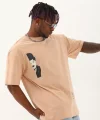 Unisex Oversize Baskılı Bisiklet Yaka T-Shirt - Bej