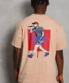 Unisex Oversize Baskılı Bisiklet Yaka T-Shirt - Bej