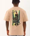 Unisex Oversize Baskılı Bisiklet Yaka T-Shirt - Bej