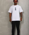 Unisex Oversize Baskılı Bisiklet Yaka T-Shirt - Beyaz