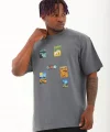 Unisex Oversize Baskılı Bisiklet Yaka T-Shirt - Füme