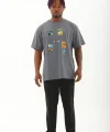 Unisex Oversize Baskılı Bisiklet Yaka T-Shirt - Füme