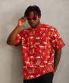 Unisex Oversize Baskılı Bisiklet Yaka T-Shirt - Kırmızı