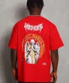 Unisex Oversize Baskılı Bisiklet Yaka T-Shirt - Kırmızı