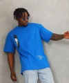 Unisex Oversize Baskılı Bisiklet Yaka T-Shirt - Mavi