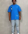Unisex Oversize Baskılı Bisiklet Yaka T-Shirt - Mavi
