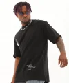 Unisex Oversize Baskılı Bisiklet Yaka T-Shirt - Siyah