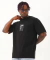 Unisex Oversize Baskılı Bisiklet Yaka T-Shirt - Siyah