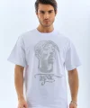 Unisex Oversize Taşlı Bisiklet Yaka T-Shirt - Beyaz