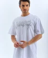 Unisex Oversize Taşlı Bisiklet Yaka T-Shirt - Beyaz