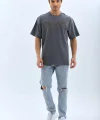 Unisex Oversize Taşlı Bisiklet Yaka T-Shirt - Füme