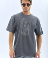 Unisex Oversize Taşlı Bisiklet Yaka T-Shirt - Füme