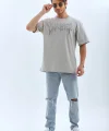 Unisex Oversize Taşlı Bisiklet Yaka T-Shirt - Gri