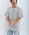 Unisex Oversize Taşlı Bisiklet Yaka T-Shirt - Gri