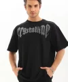 Unisex Oversize Taşlı T-Shirt - Siyah