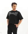 Unisex Oversize Taşlı T-Shirt - Siyah