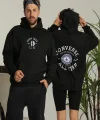 Unisex Oversize Üç İplik Şardonlu Kapüşonlu Sweatshirt – All Star Ön Ve Arka Baskılı, Kanguru Cepli, Rahat Kalıp Kışlık Model - Siyah
