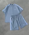 Unisex Şeritli Baskılı Şortlu Takım - Boyalı Gri