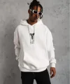 Unisex Sırt Baskılı Kapüşonlu Üç İplik Oversize Sweatshirt - Beyaz