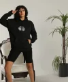 Unisex Sırt Baskılı Kapüşonlu Üç İplik Oversize Sweatshirt - Siyah