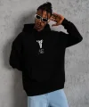 Unisex Sırt Baskılı Kapüşonlu Üç İplik Oversize Sweatshirt - Siyah