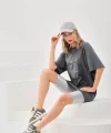 Unisex Taş Desenli Oversize T-Shirt - Füme