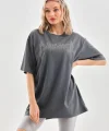 Unisex Taş Desenli Oversize T-Shirt - Füme