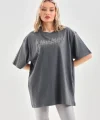 Unisex Taş Desenli Oversize T-Shirt - Füme