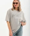 Unisex Taş Desenli Oversize T-Shirt - Gri