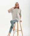 Unisex Taş Desenli Oversize T-Shirt - Gri