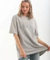 Unisex Taş Desenli Oversize T-Shirt - Gri