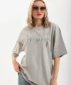 Unisex Taş Desenli Oversize T-Shirt - Gri