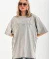 Unisex Taş Desenli Oversize T-Shirt - Gri
