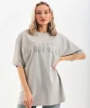 Unisex Taş Desenli Oversize T-Shirt - Gri