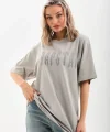 Unisex Taş Desenli Oversize T-Shirt - Gri