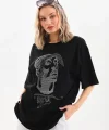 Unisex Taş Desenli Oversize T-Shirt - Siyah