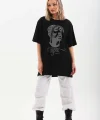 Unisex Taş Desenli Oversize T-Shirt - Siyah