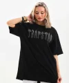 Unisex Taş Desenli Oversize T-Shirt - Siyah