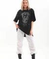Unisex Taş Desenli Oversize T-Shirt - Siyah