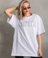 Unisex Taş Desenli Oversize Thirt  Beyaz