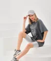 Unisex Taş Desenli Oversize Thirt  Füme