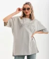 Unisex Taş Desenli Oversize Thirt  Gri