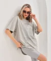 Unisex Taş Desenli Oversize Thirt  Gri