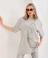 Unisex Taş Desenli Oversize Thirt  Gri