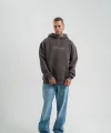 Unisex Üç İplik Kapşonlu Nakışlı SweatShirt - Füme