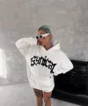 Unisex Üç İplik Kapüşonlu Baskılı SweatShirt - Beyaz