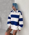 Unisex Üç İplik Parçalı Yakalı SweatShirt - Mavi